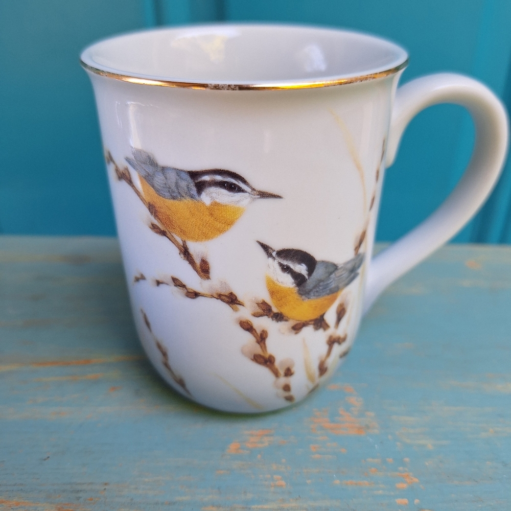 Bird Mug Otagiri Japan Coffee Cup Teacup Pretty Cute Birds Porcelain Gold Leaf - Picture 3 of 16